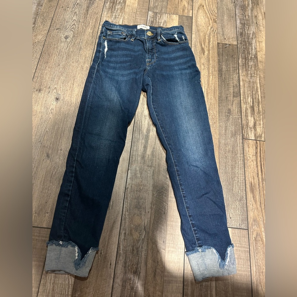Frame Denim Cropped Ankle Jeans Dark Blue Frayed Hem